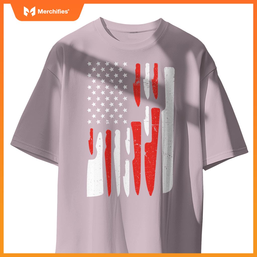 American Flag Sous Chef Knife Illustration Cook Life Print T-Shirt