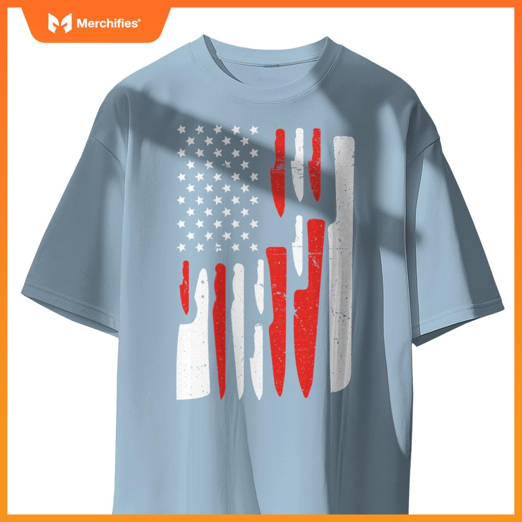 American Flag Sous Chef Knife Illustration Cook Life Print T-Shirt