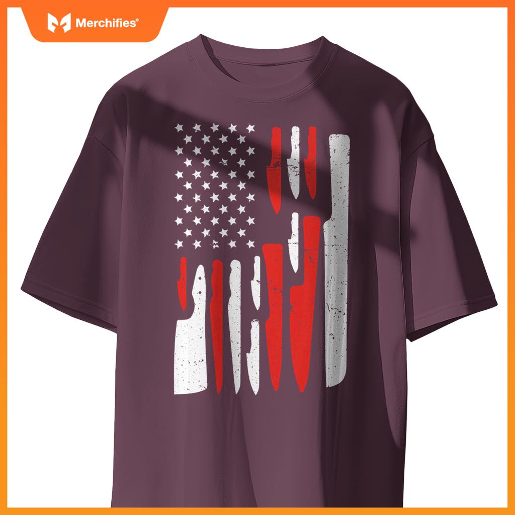 American Flag Sous Chef Knife Illustration Cook Life Print T-Shirt