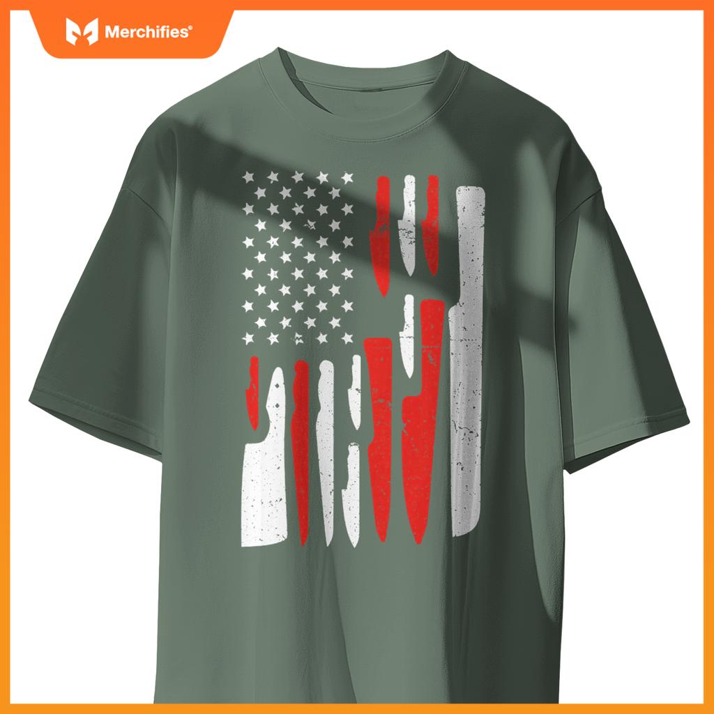 American Flag Sous Chef Knife Illustration Cook Life Print T-Shirt
