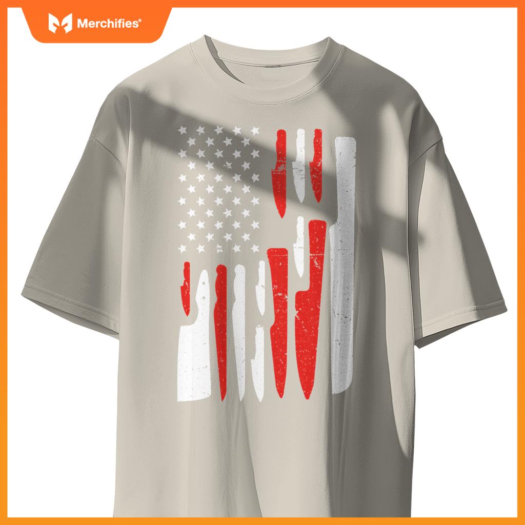 American Flag Sous Chef Knife Illustration Cook Life Print T-Shirt