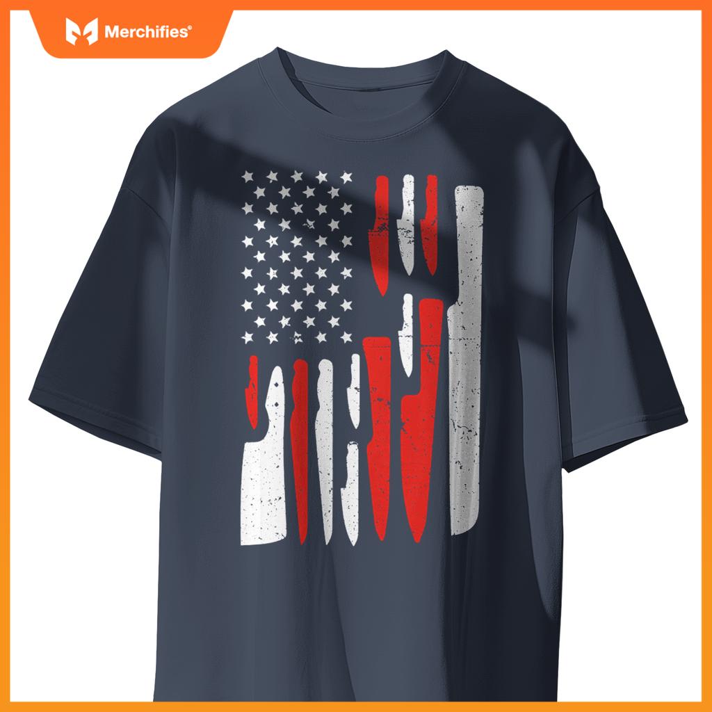 American Flag Sous Chef Knife Illustration Cook Life Print T-Shirt