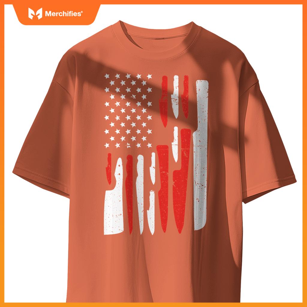 American Flag Sous Chef Knife Illustration Cook Life Print T-Shirt
