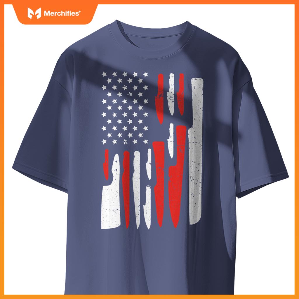 American Flag Sous Chef Knife Illustration Cook Life Print T-Shirt