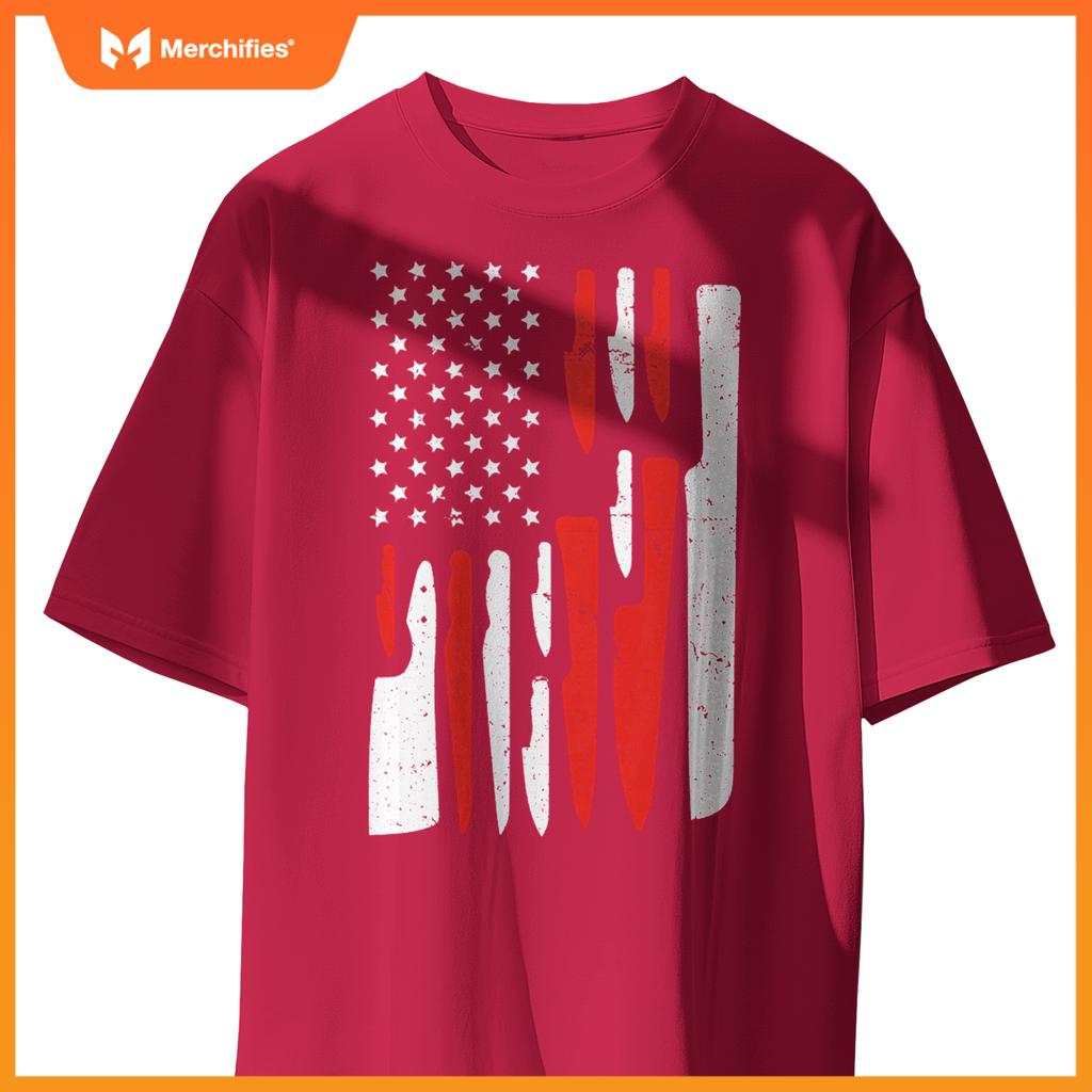 American Flag Sous Chef Knife Illustration Cook Life Print T-Shirt