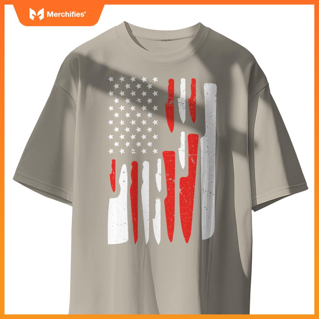 American Flag Sous Chef Knife Illustration Cook Life Print T-Shirt