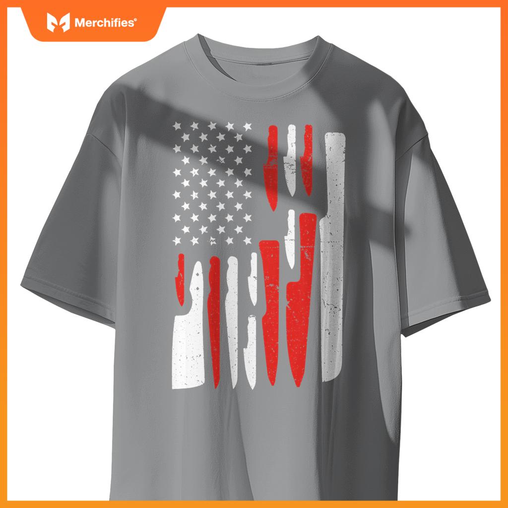 American Flag Sous Chef Knife Illustration Cook Life Print T-Shirt