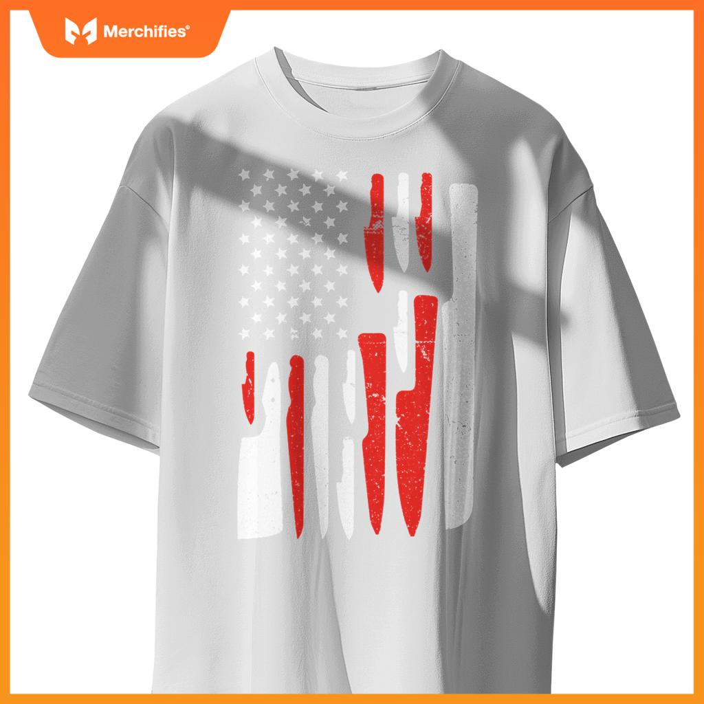 American Flag Sous Chef Knife Illustration Cook Life Print T-Shirt