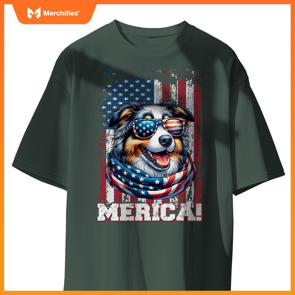 australian shepherd dog lover us flag 4th of july patriotic T-Shirt