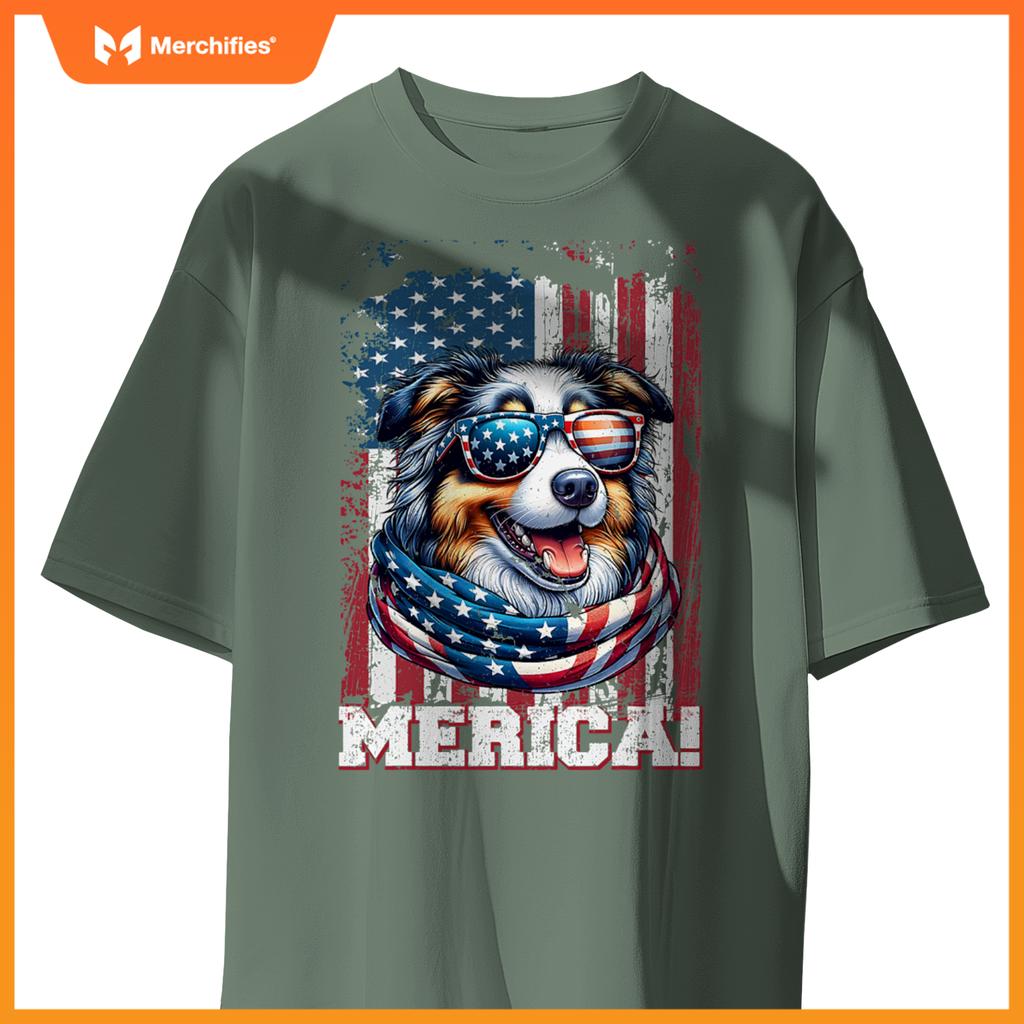 australian shepherd dog lover us flag 4th of july patriotic T-Shirt