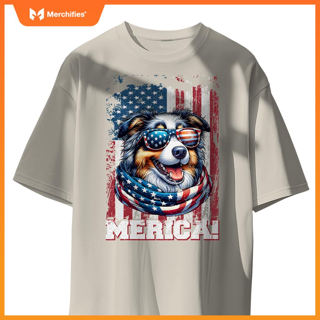 australian shepherd dog lover us flag 4th of july patriotic T-Shirt