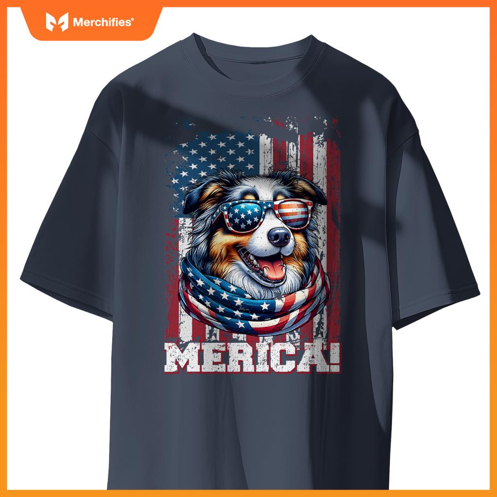 australian shepherd dog lover us flag 4th of july patriotic T-Shirt