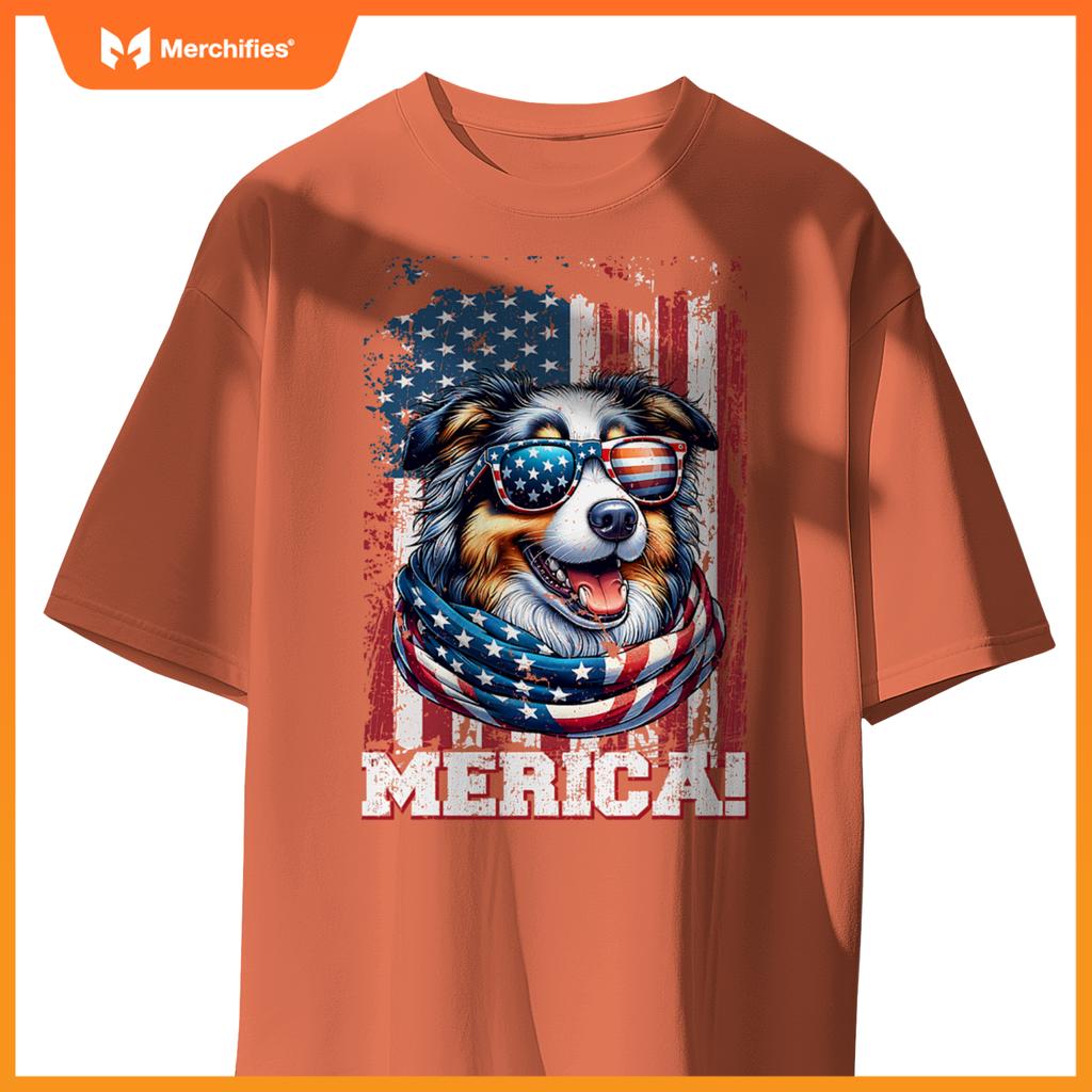 australian shepherd dog lover us flag 4th of july patriotic T-Shirt