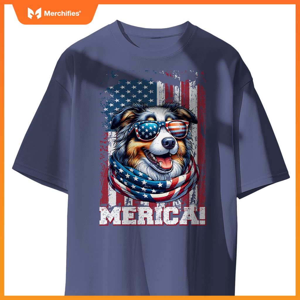 australian shepherd dog lover us flag 4th of july patriotic T-Shirt