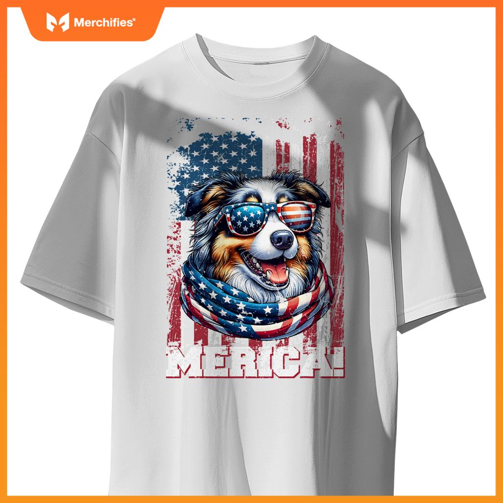 australian shepherd dog lover us flag 4th of july patriotic T-Shirt