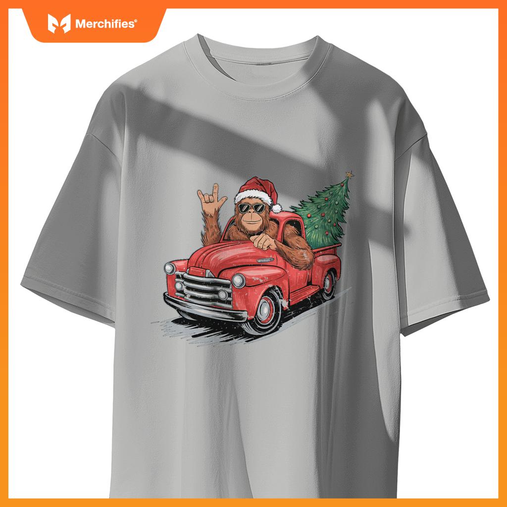 Bigfoot Rock On Christmas Tree Light Driving Truck Boys Men T-Shirt