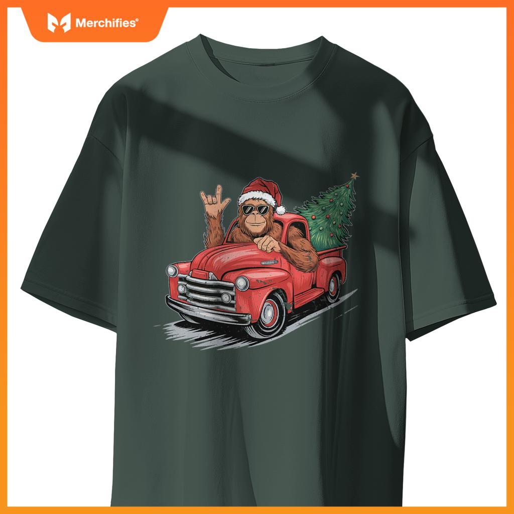 Bigfoot Rock On Christmas Tree Light Driving Truck Boys Men T-Shirt