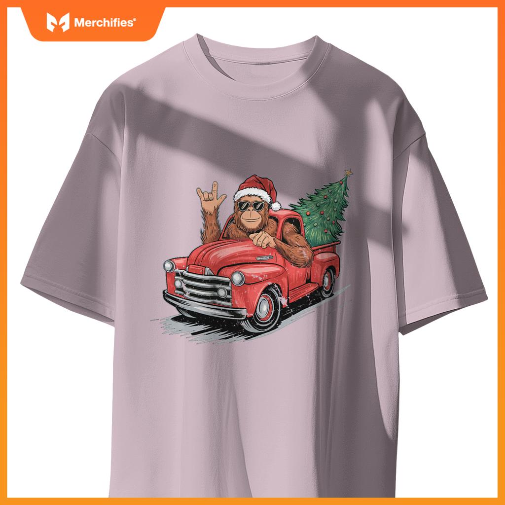 Bigfoot Rock On Christmas Tree Light Driving Truck Boys Men T-Shirt