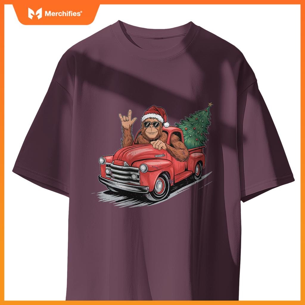 Bigfoot Rock On Christmas Tree Light Driving Truck Boys Men T-Shirt