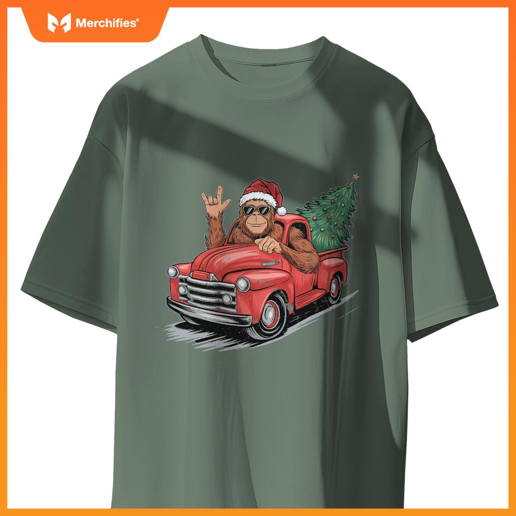 Bigfoot Rock On Christmas Tree Light Driving Truck Boys Men T-Shirt