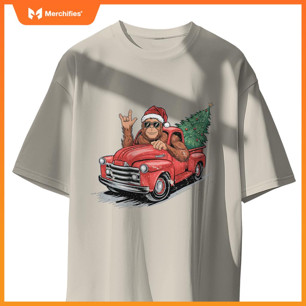 Bigfoot Rock On Christmas Tree Light Driving Truck Boys Men T-Shirt