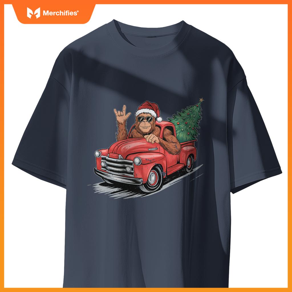 Bigfoot Rock On Christmas Tree Light Driving Truck Boys Men T-Shirt