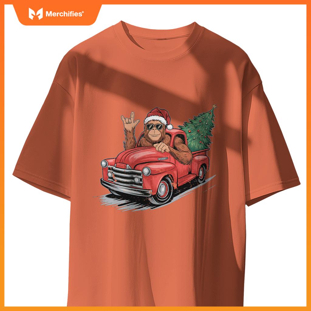 Bigfoot Rock On Christmas Tree Light Driving Truck Boys Men T-Shirt