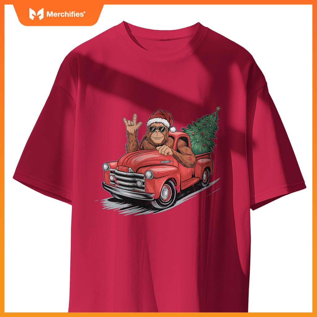 Bigfoot Rock On Christmas Tree Light Driving Truck Boys Men T-Shirt