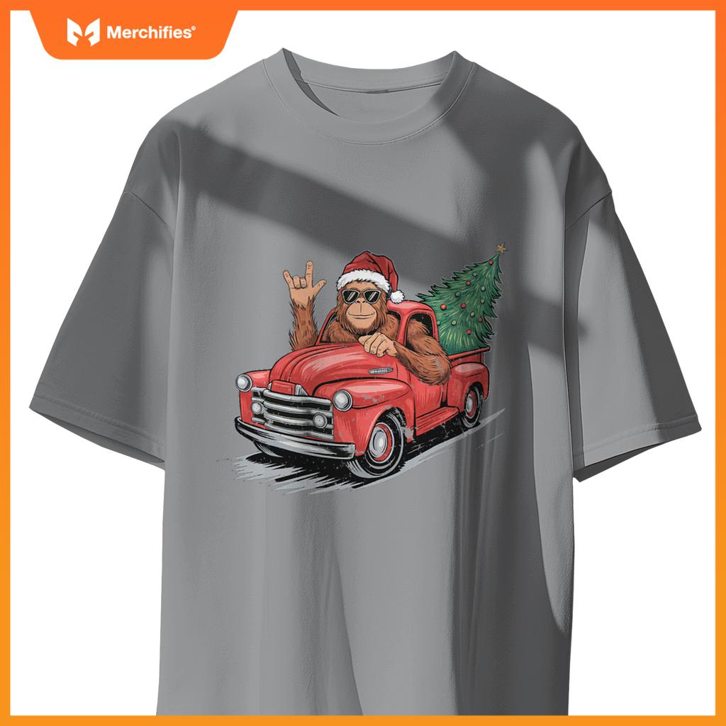 Bigfoot Rock On Christmas Tree Light Driving Truck Boys Men T-Shirt