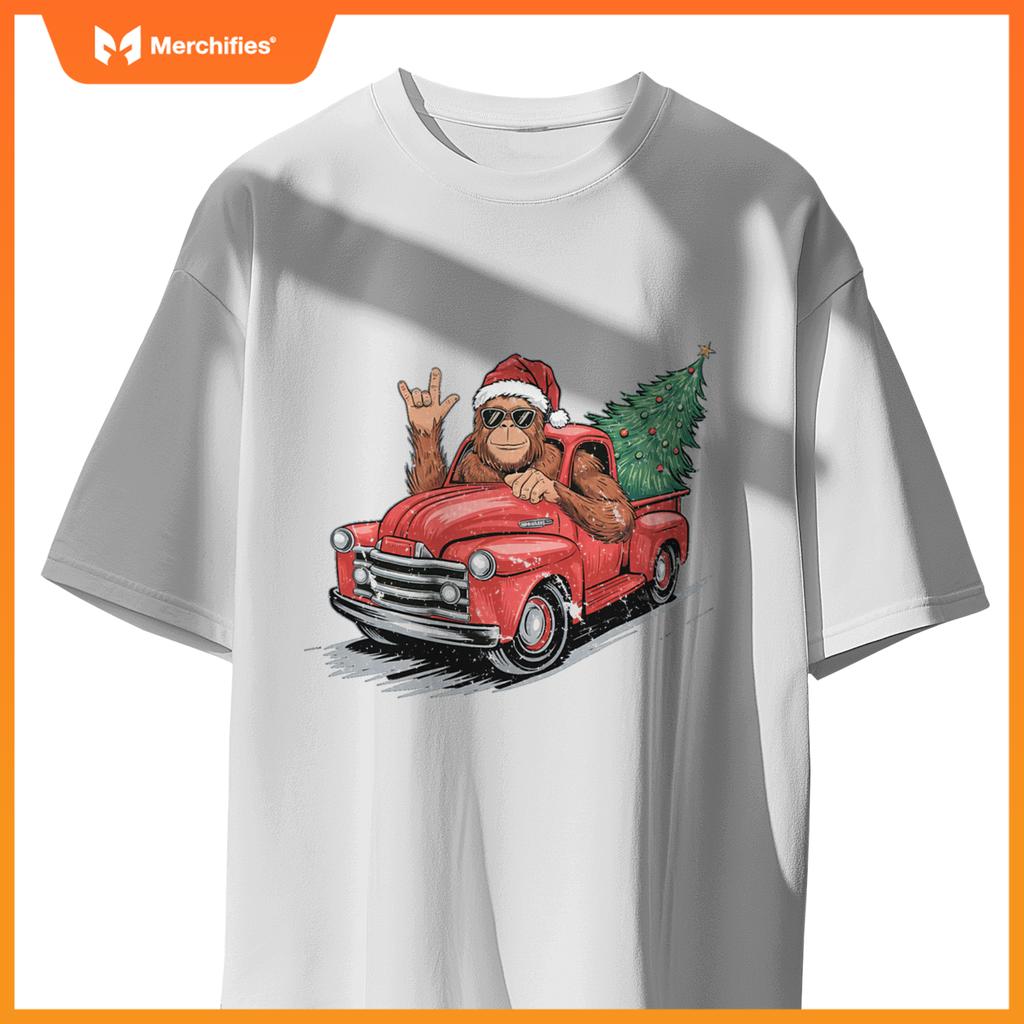 Bigfoot Rock On Christmas Tree Light Driving Truck Boys Men T-Shirt