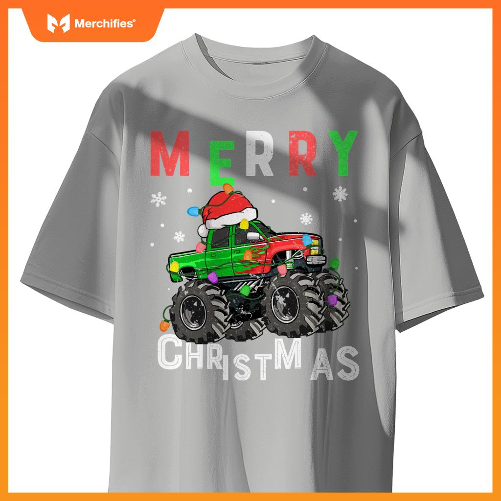 boys monster truck merry christmas santa hat toddler t-shirt