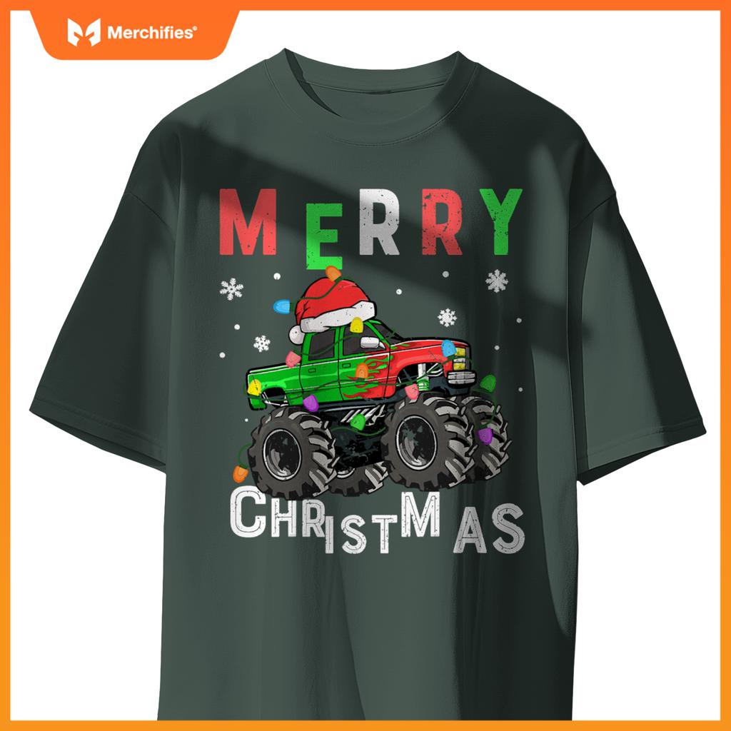 boys monster truck merry christmas santa hat toddler t-shirt