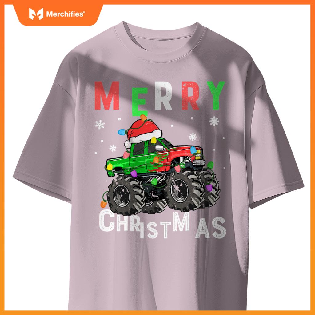 boys monster truck merry christmas santa hat toddler t-shirt