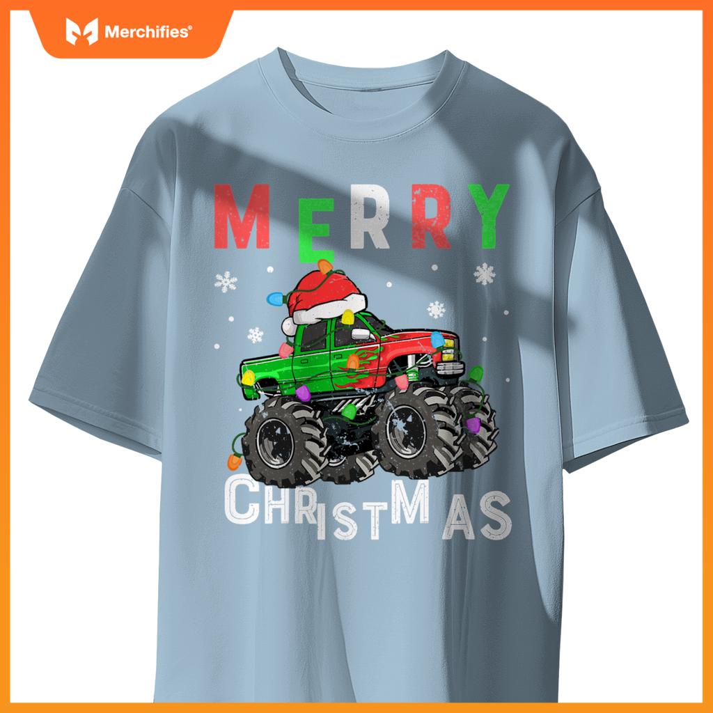 boys monster truck merry christmas santa hat toddler t-shirt