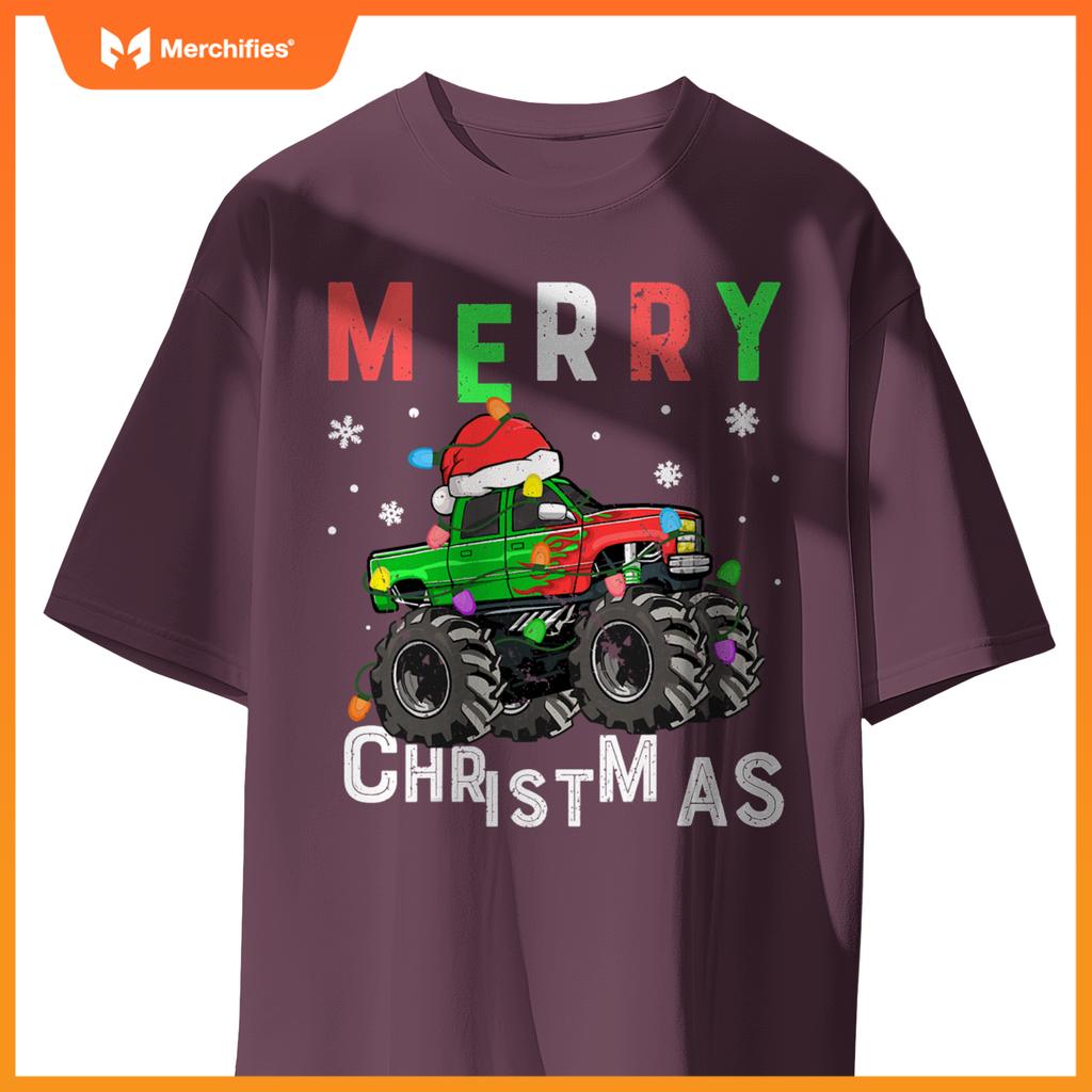 boys monster truck merry christmas santa hat toddler t-shirt