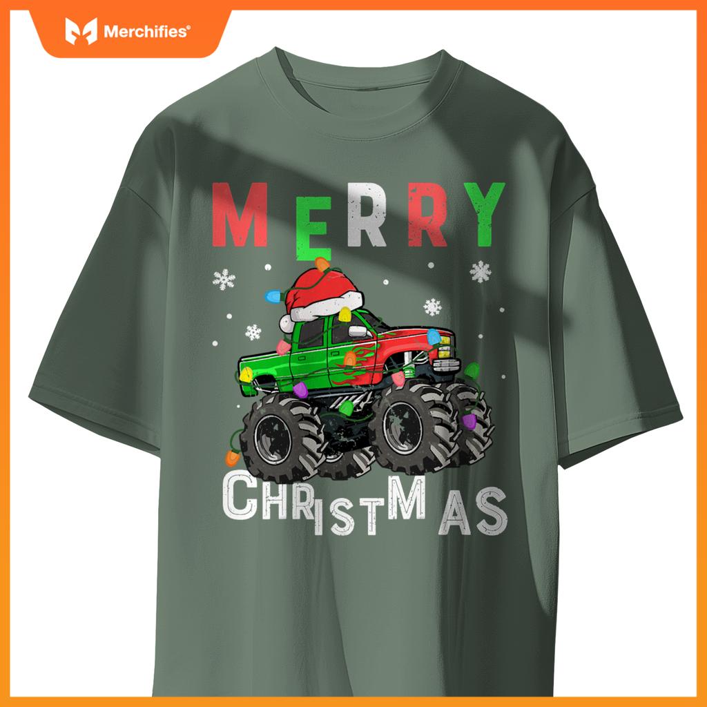boys monster truck merry christmas santa hat toddler t-shirt