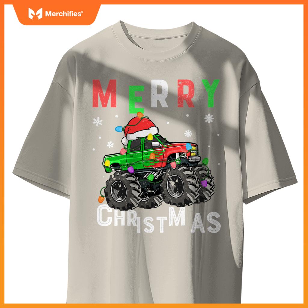 boys monster truck merry christmas santa hat toddler t-shirt