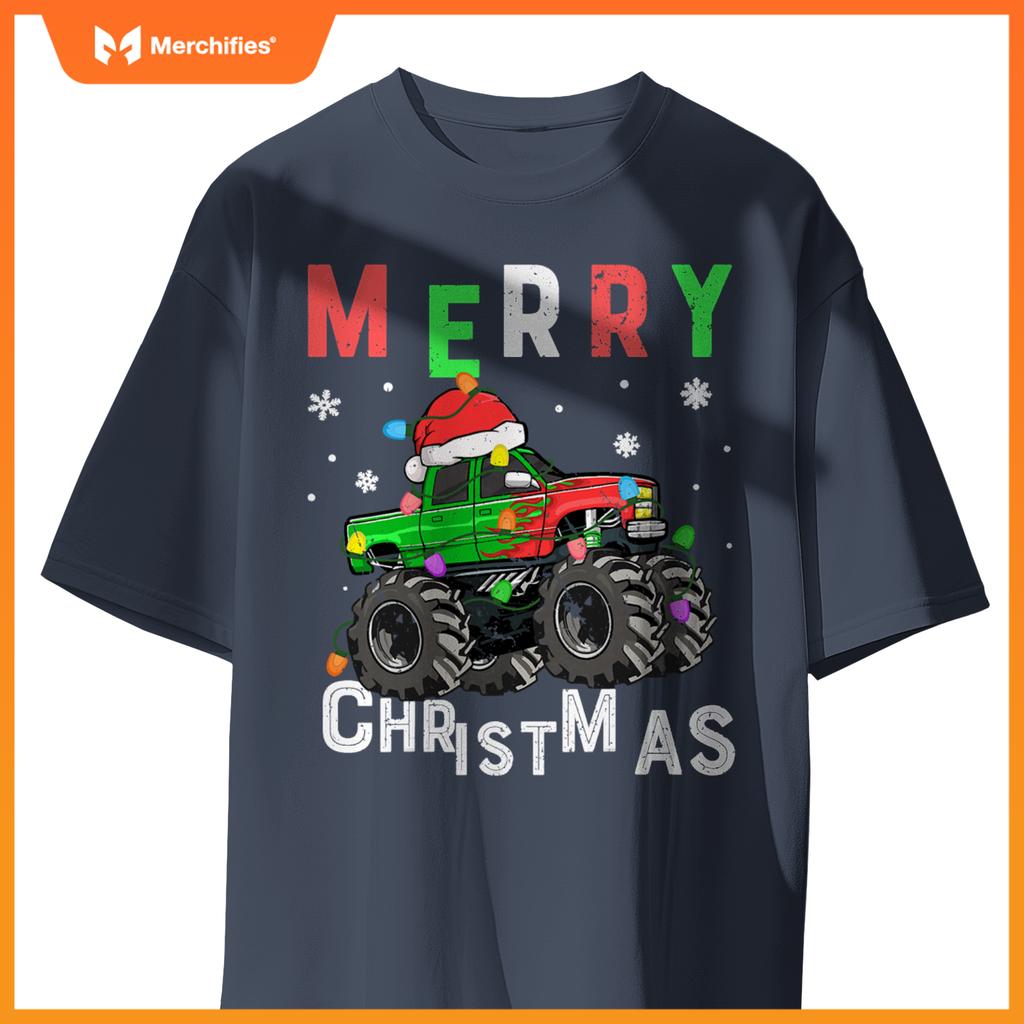 boys monster truck merry christmas santa hat toddler t-shirt