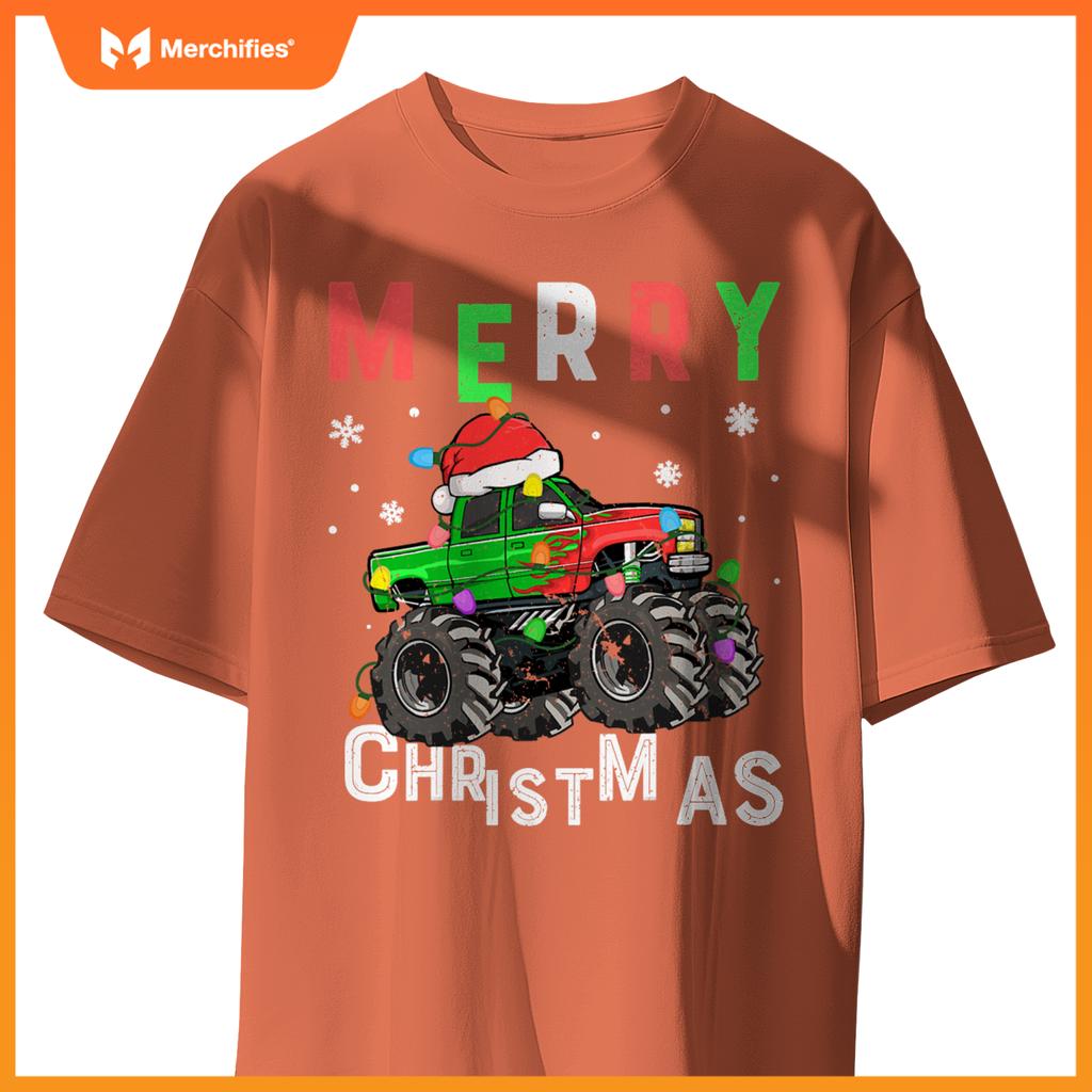 boys monster truck merry christmas santa hat toddler t-shirt