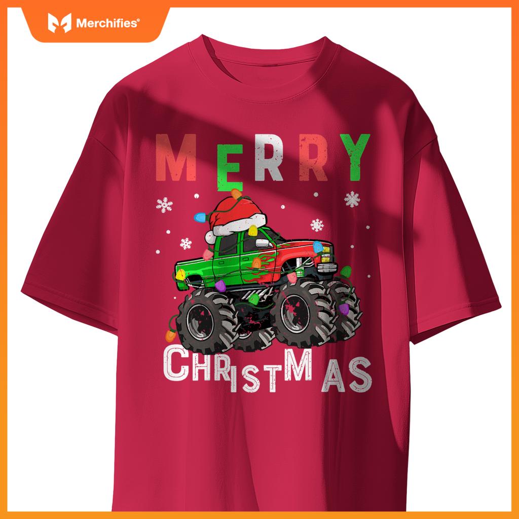 boys monster truck merry christmas santa hat toddler t-shirt