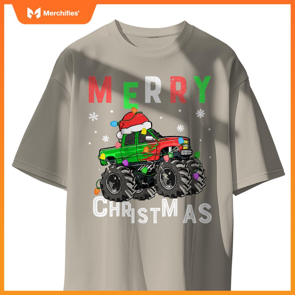 boys monster truck merry christmas santa hat toddler t-shirt