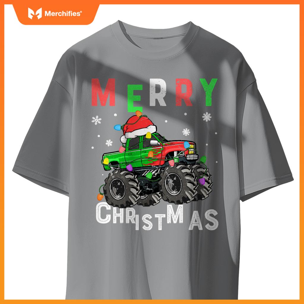 boys monster truck merry christmas santa hat toddler t-shirt