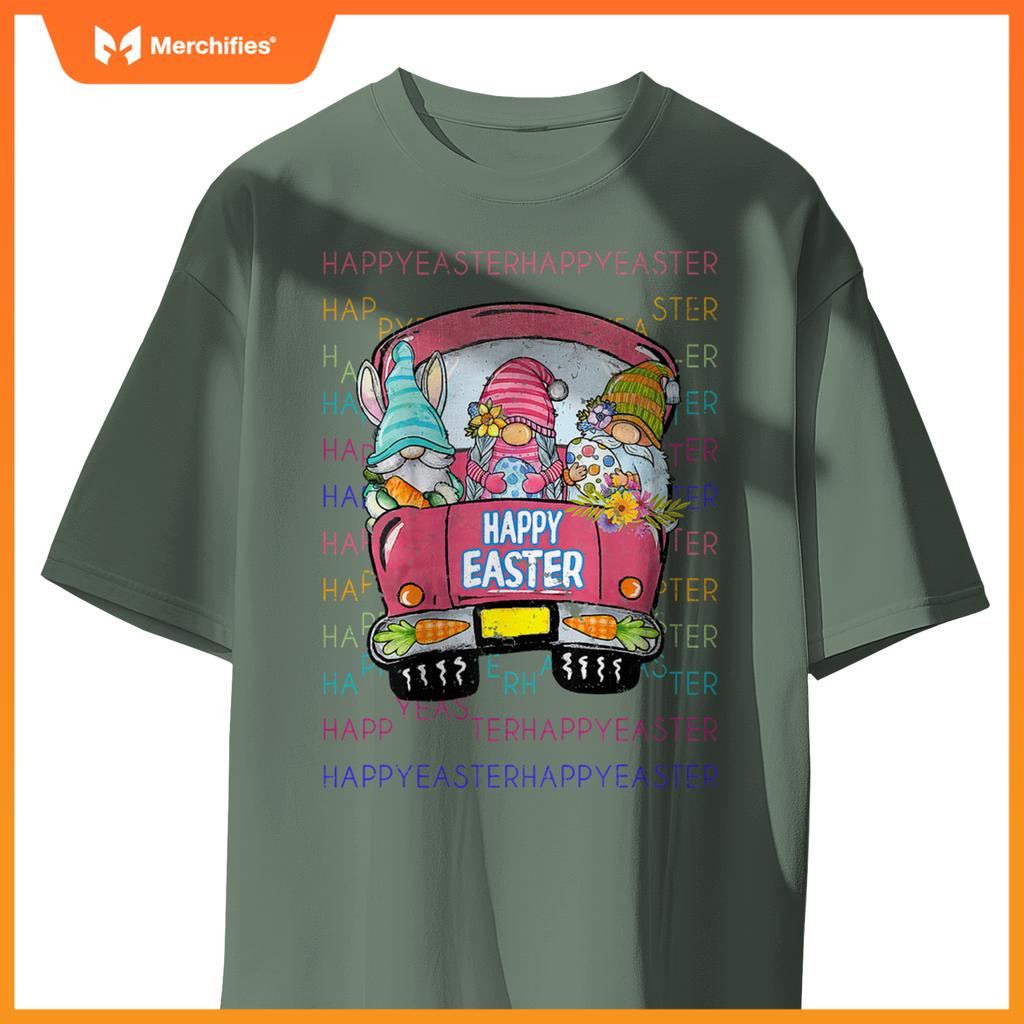 Bunny Gnome Riding Car Hunt Eggs Rabbit Happy Easter T-Shirt