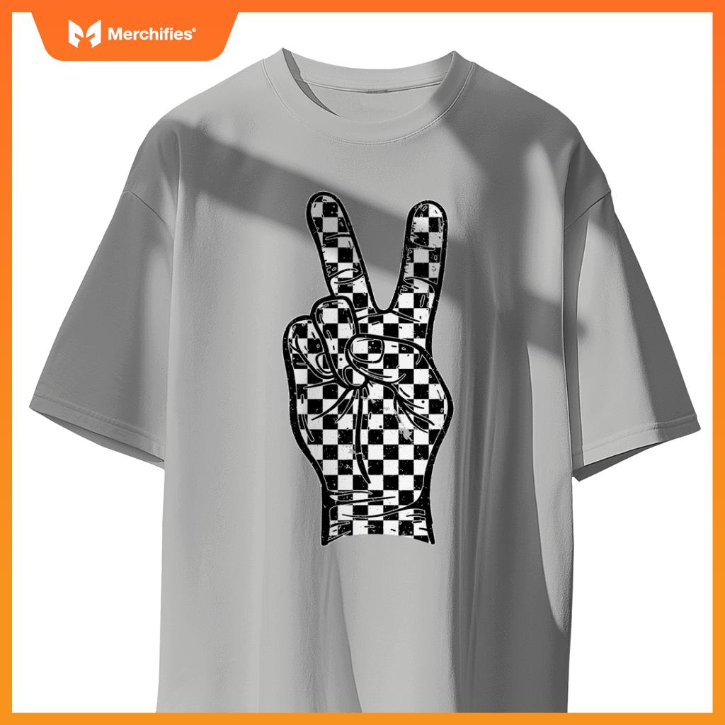 Checkered Peace Sign Hand Sign Race Car Racing Flag Pit Crew T-Shirt