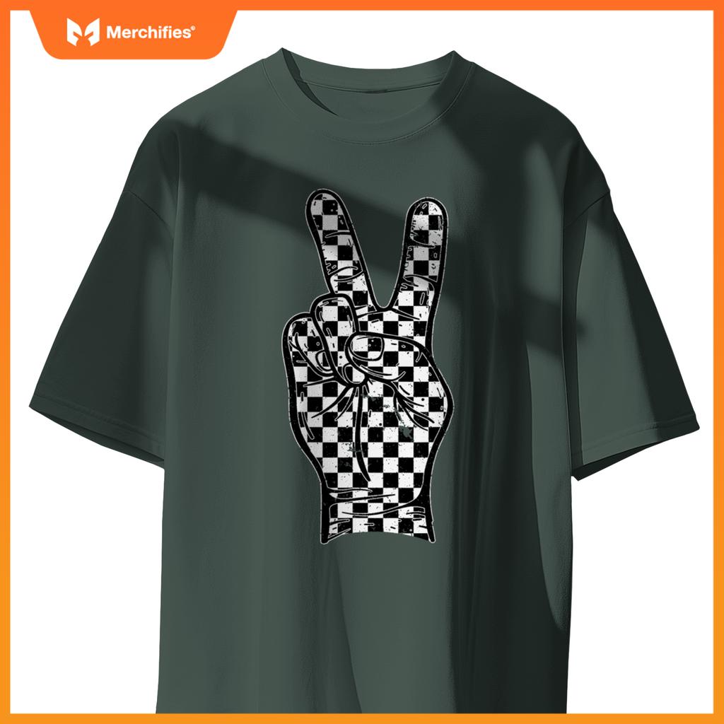 Checkered Peace Sign Hand Sign Race Car Racing Flag Pit Crew T-Shirt