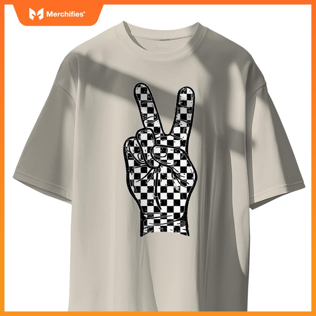Checkered Peace Sign Hand Sign Race Car Racing Flag Pit Crew T-Shirt