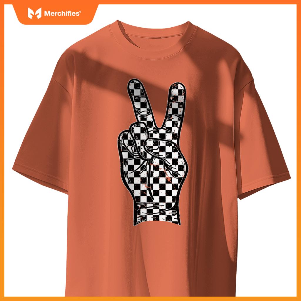 Checkered Peace Sign Hand Sign Race Car Racing Flag Pit Crew T-Shirt