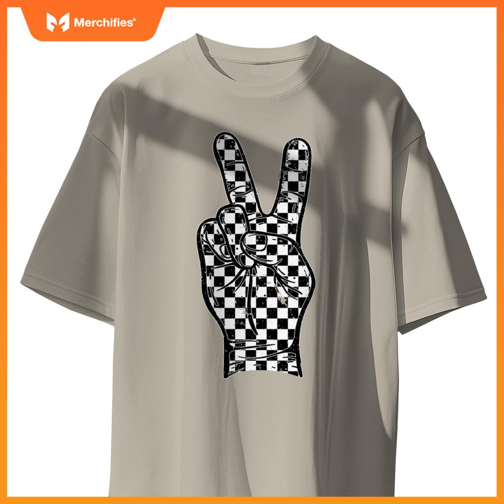 Checkered Peace Sign Hand Sign Race Car Racing Flag Pit Crew T-Shirt