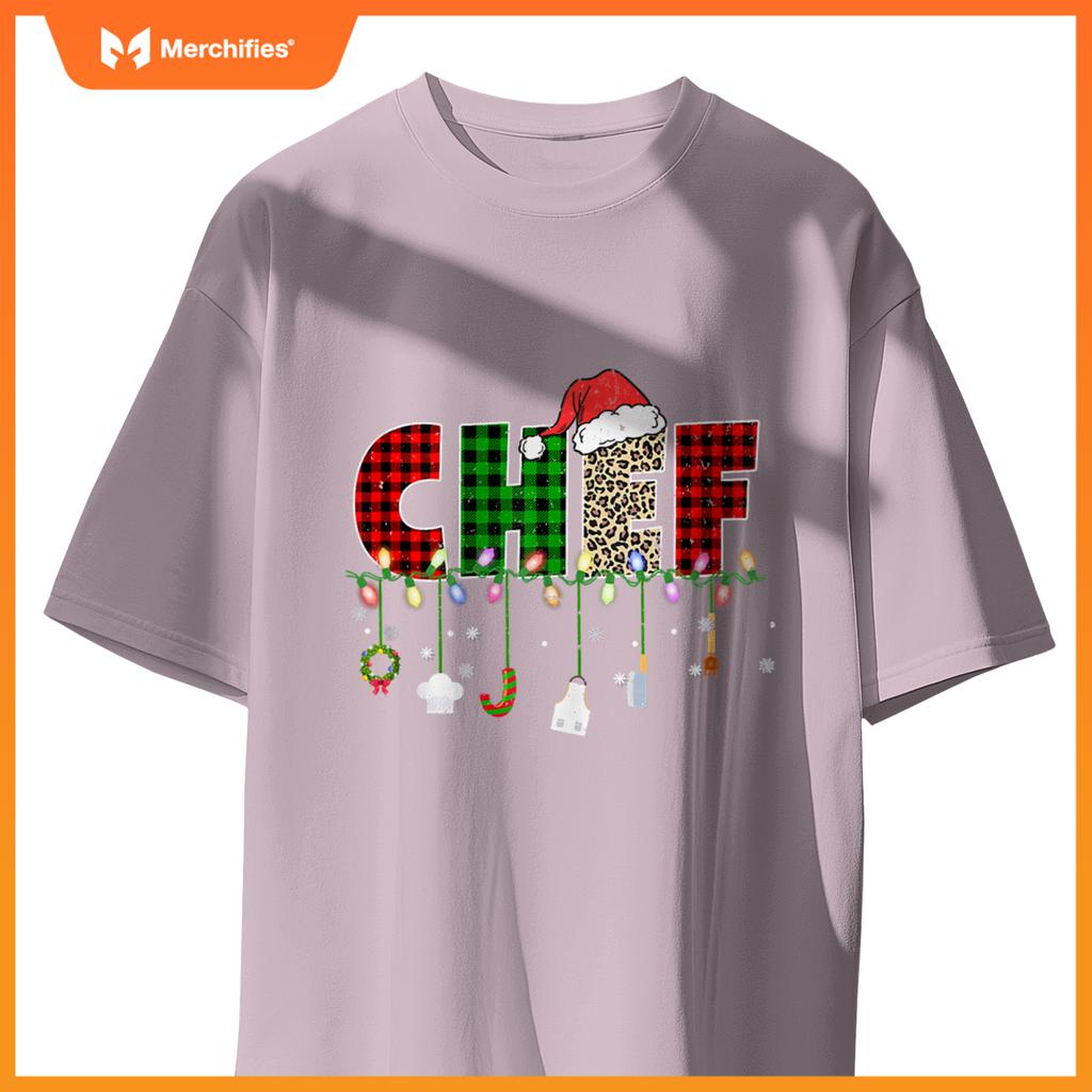 Chef Christmas Santa Hat Xmas Leopard Buffalo Plaid T-Shirt