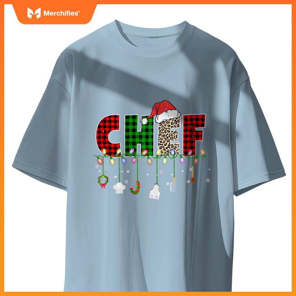 Chef Christmas Santa Hat Xmas Leopard Buffalo Plaid T-Shirt